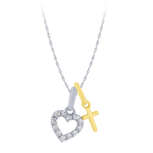 14k Two Tone Gold 1/10Ctw Heart And Cross Charm Pendant (6738322358427) (10220952027329)