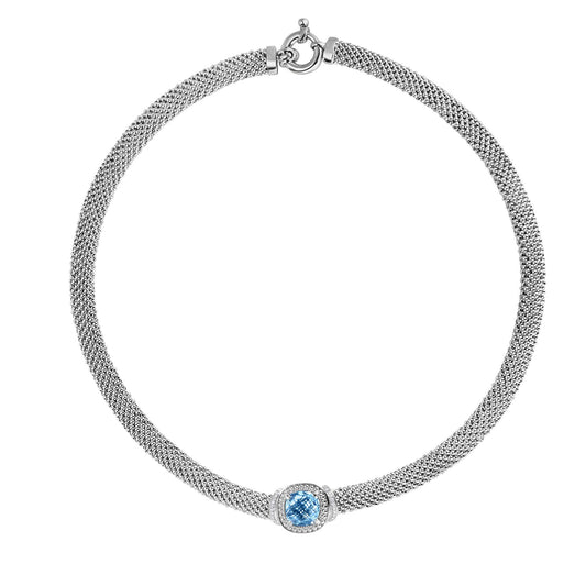 Sterling Silver 17 inches with Rhodium Finish 8mm Shiny Fancy Popcorn Necklace with Spring Ring Clasp+0.1100ct White Diamond+5.1800ct 10x10mm Cushion Blue Topaz (5688352571547) (10220994560193)