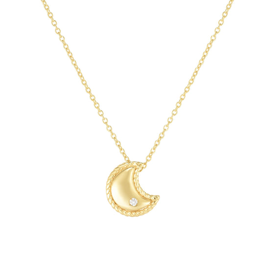 14kt Gold 18 inches Yellow Finish 9x8mm(CE),0.8mm(Ch) Polished 2 inches Extender Moon Necklace with Lobster Clasp with 0.0100ct 1.3mm White Diamond (5688348835995) (10220996952257)