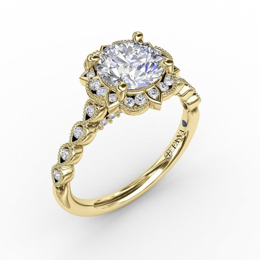 Round Diamond Engagement With Floral Halo and Milgrain Details (5552784736411) (10221014155457)