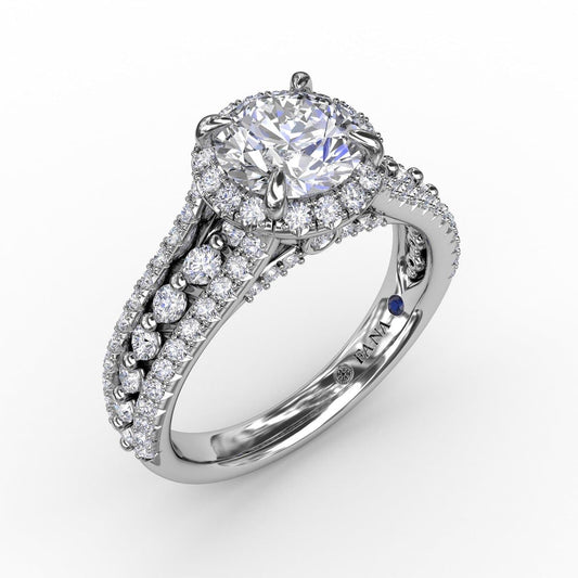 Classic Round Diamond Halo Engagement Ring With Triple-Row Diamond Band (5552776937627) (10221019005121)