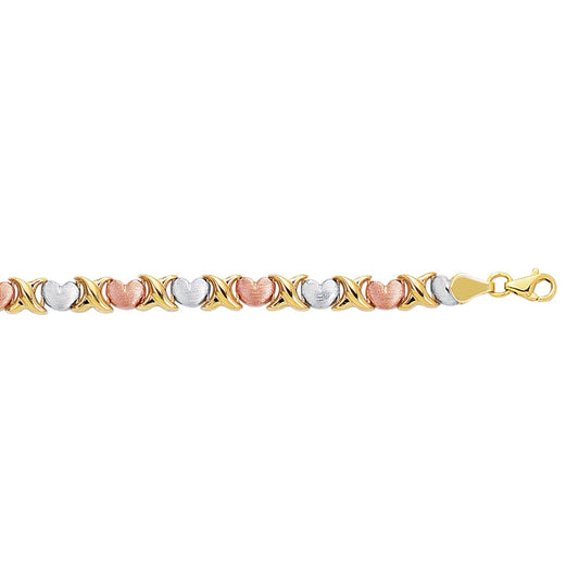 14kt 7.25 inches Yellow+White+Rose Gold Textured Shiny Tri Color Hugs+Kisses Bracelet with Pear Shape Clasp (5688362041499) (10220988268737)