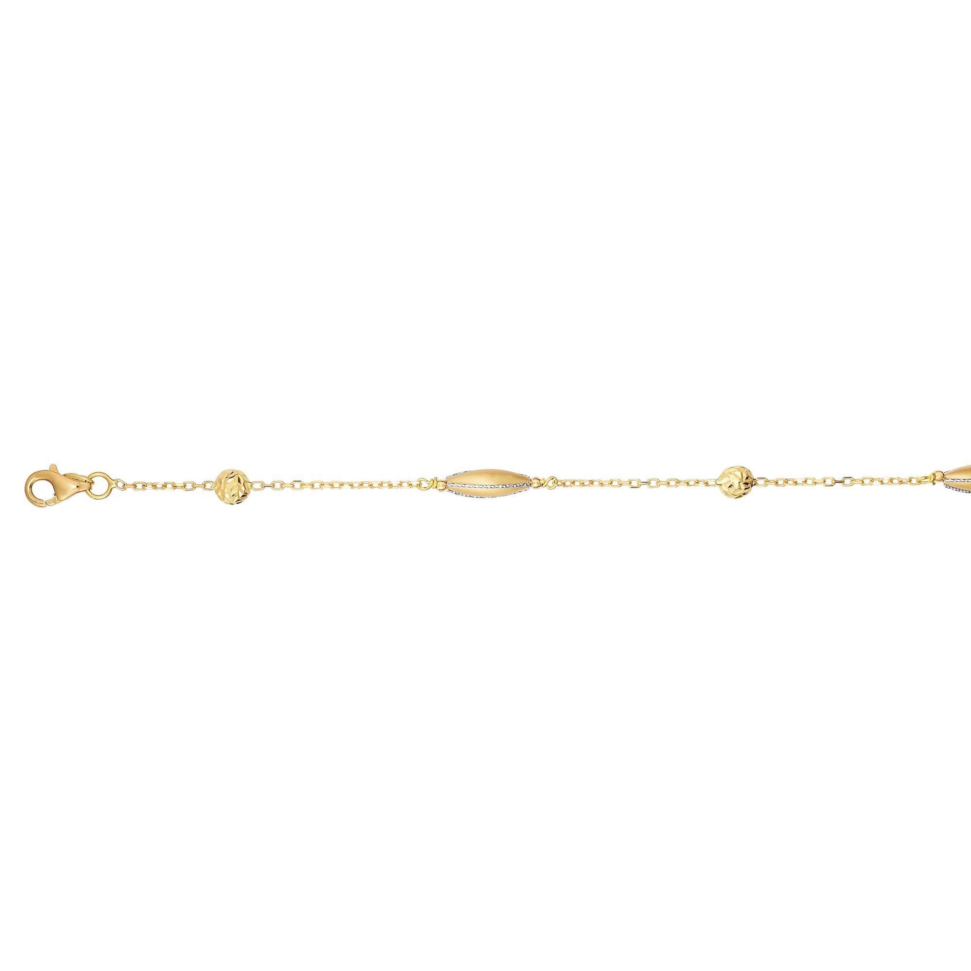 14kt 7.5 Yellow+White Gold Shiny+Diamond Cut Fancy 2-Marquise Shape+3-Bead Element Anchored on Cable Chain Bracelet with Lobster Clasp (5688359583899) (10220989743297)