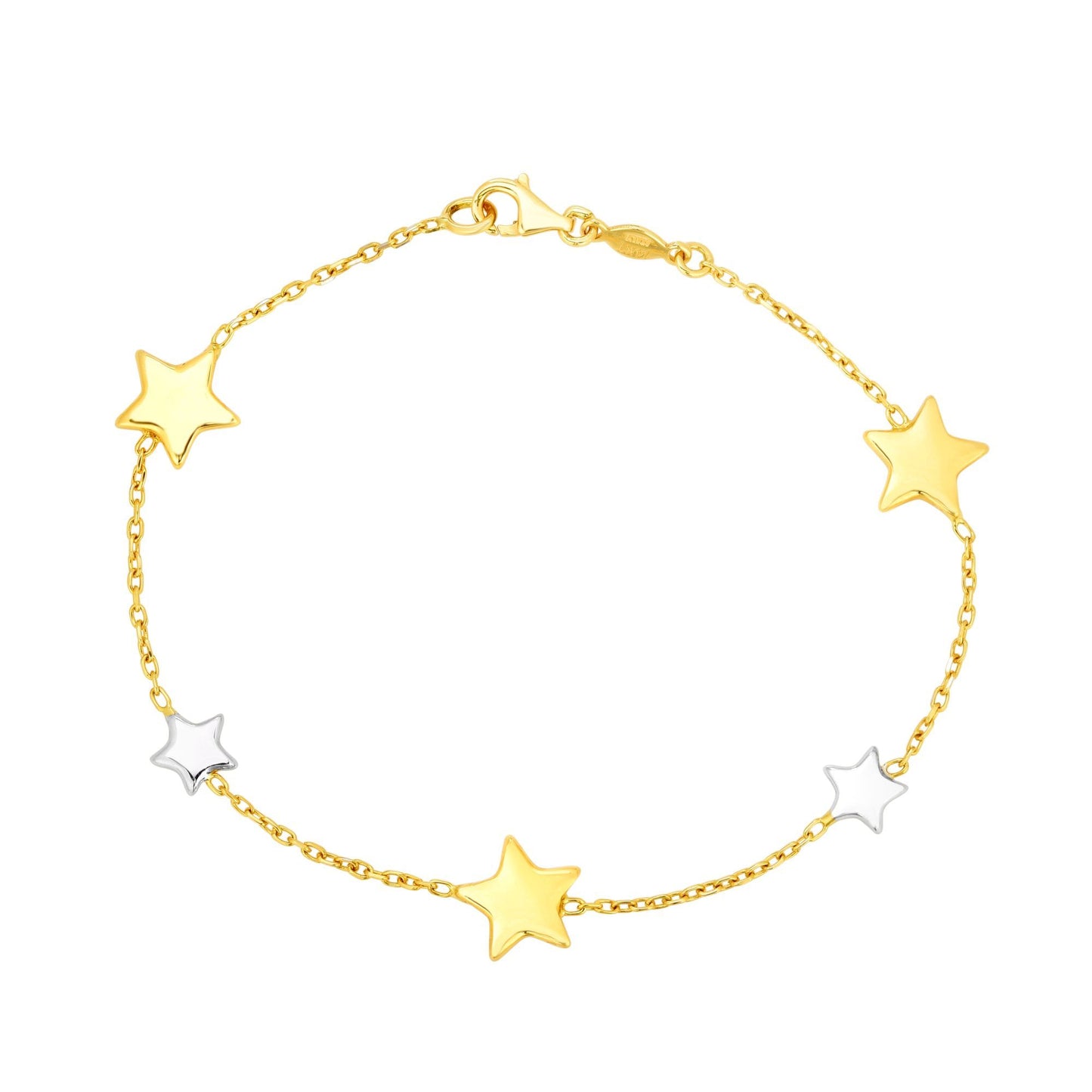 14kt Gold 7.5 inches Yellow+White Rhodium Finish 9.6mm Shiny Star Star Stationed Bracelet with Lobster Clasp (5688359026843) (10220990136513)