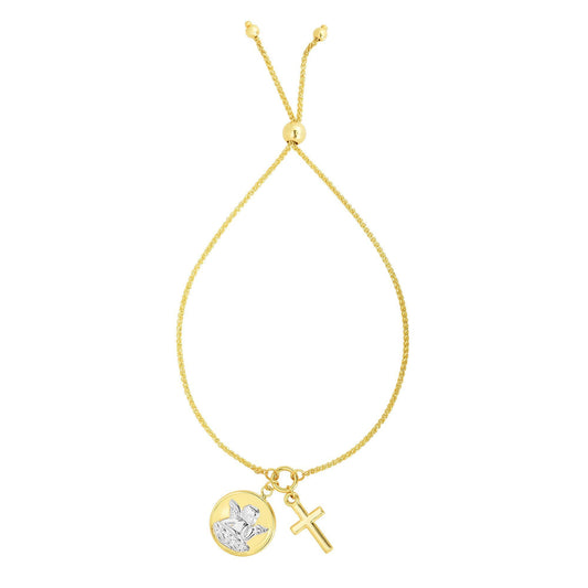 14kt Gold 9.25 inches Yellow+White Finish Chain:1mm+Pendant:20x14mm Shiny Cross Adjustable Friendship Bracelet with Draw String Clasp (5688358764699) (10220990267585)